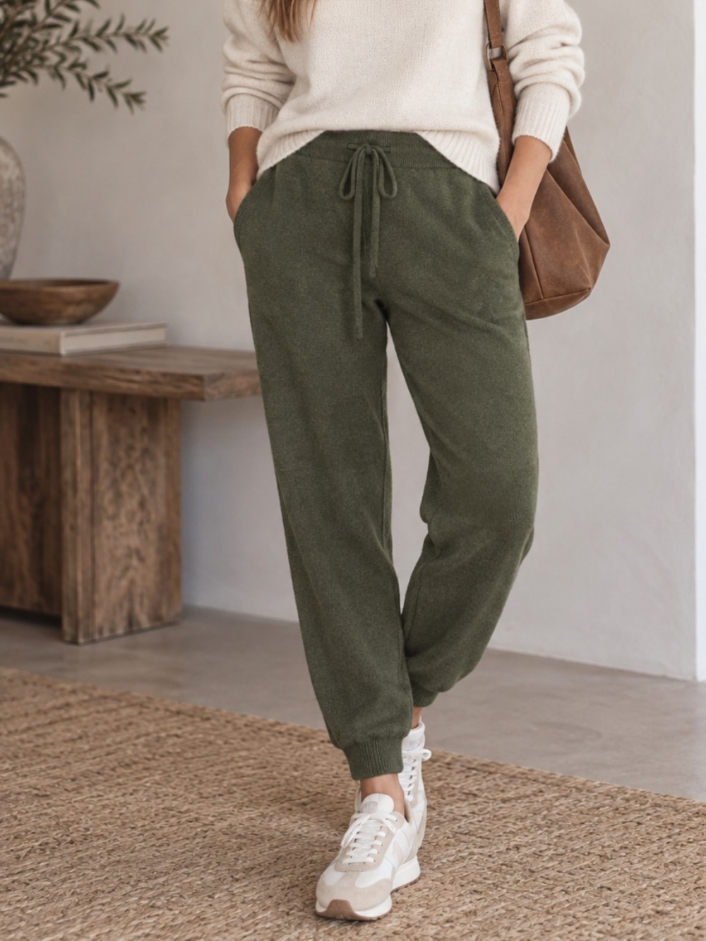 Filoro 100% Cashmere Women's Olive Drawstring Jogger Pants